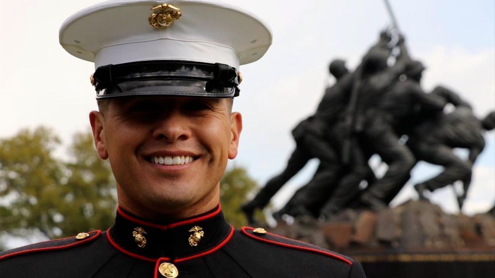 U.S. Marine outside the Iwo Jima Memorial (7News){p}{/p}