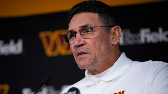Washington Commanders head coach Ron Rivera speaking during a news conference after an NFL football game against the San Francisco 49ers, Sunday, Dec. 31, 2023, in Landover, Md. San Francisco won 27-10. (AP Photo/Mark Schiefelbein)