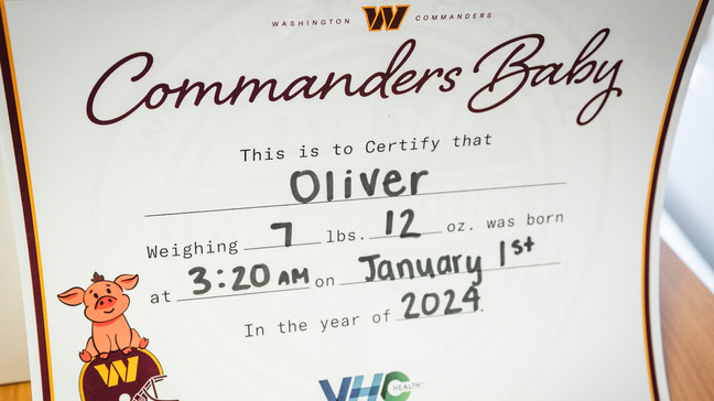 The Washington Commanders welcomed the first Commanders baby who was born on January 1, 2024 at VHC hospital. (Credit: Washington Commanders)