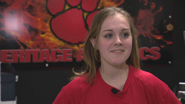 Heritage Senior Rocky Elardo makes a big shot during her senior night game on Feb. 10, 2023. (7News)