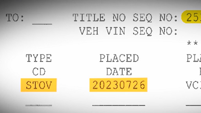 A Virginia DMV computer screen shot shows the vehicle listed as stolen (STOV) on 7/26/23.